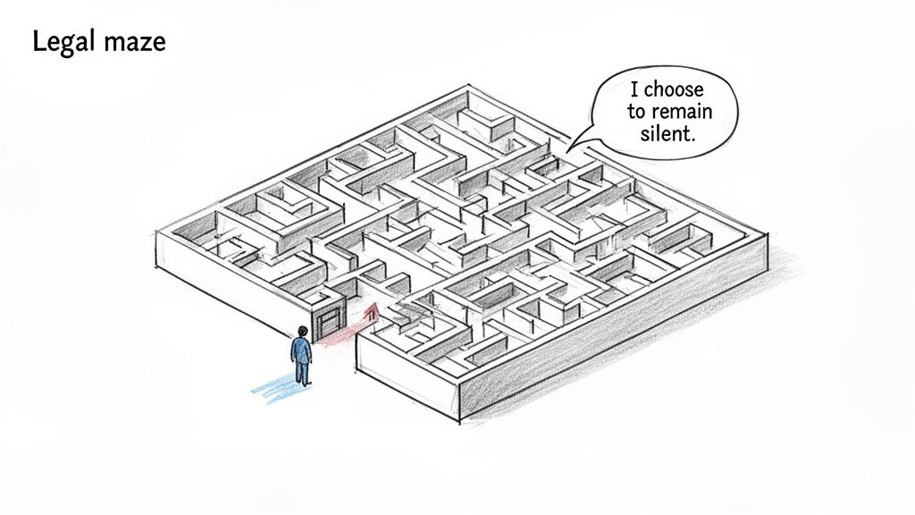 A person stands at the entrance of a complex legal maze, stating, 'I choose to remain silent.'