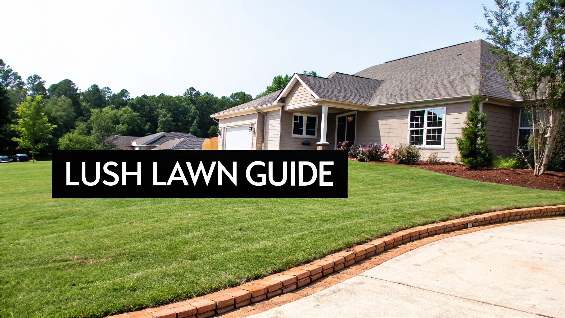 A beautiful house with a vibrant, lush green lawn, bordered by a brick-lined concrete driveway.