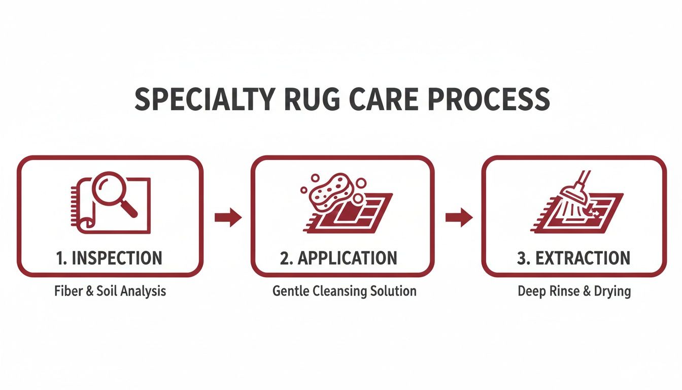 Infographic detailing the 3-step specialty rug care process: inspection, application, and extraction.