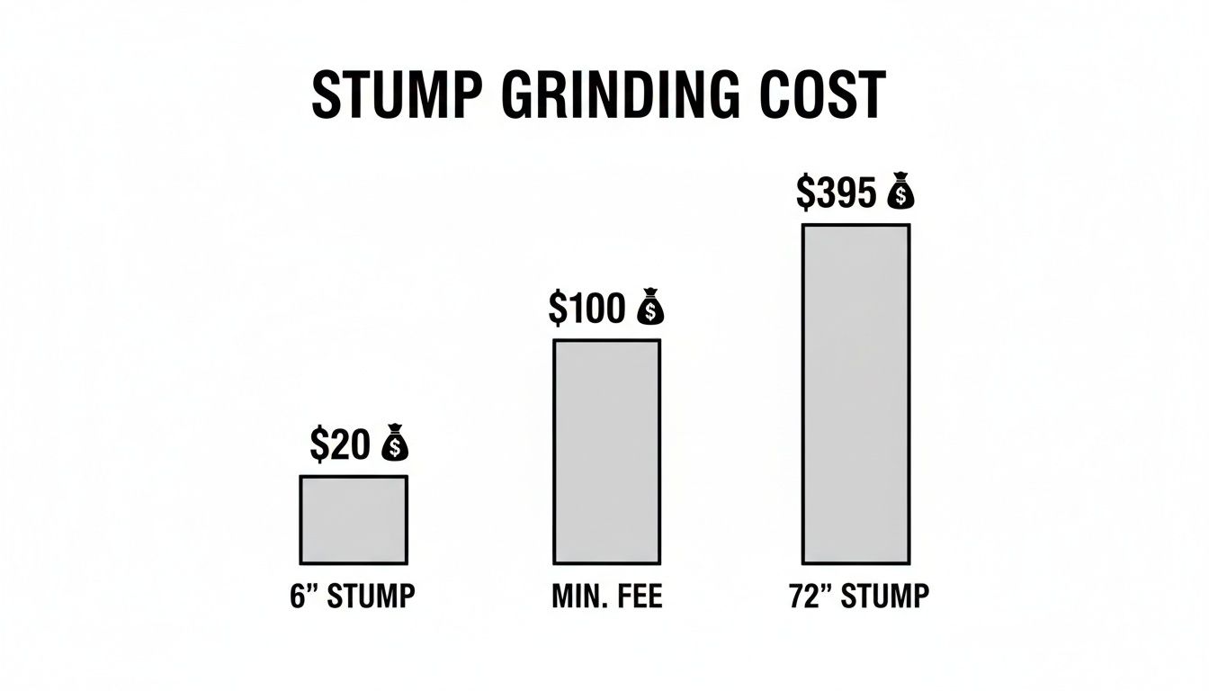 Bar chart illustrating stump grinding costs: $20 for 6" stump, $100 minimum, and $395 for 72" stump.