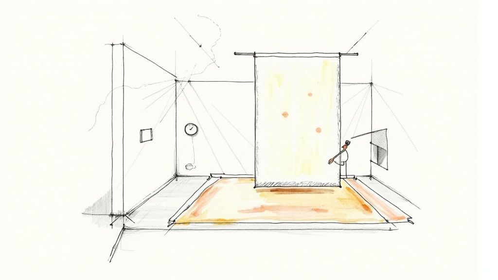 Conceptual drawing of an interior space where a figure paints a large, light-colored panel.