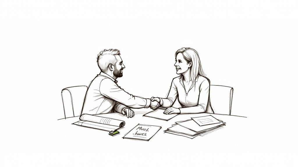 A man and a woman shaking hands across a desk with documents, signifying a business agreement.