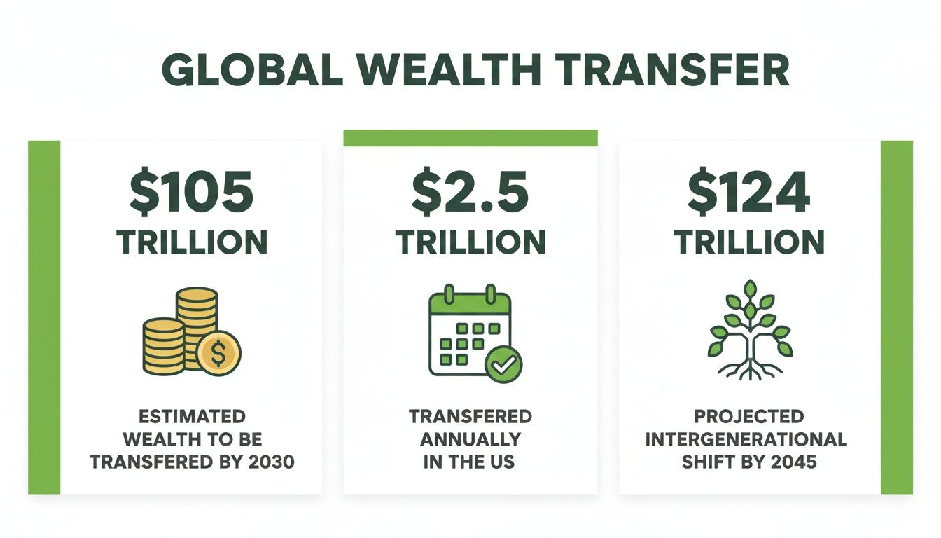 Infographic showing global wealth transfer data: $105 trillion by 2030, $2.5 trillion annually in US, $124 trillion by 2045.
