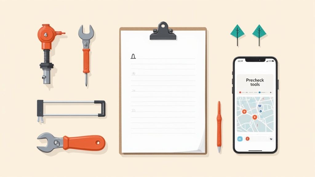A flat lay of various tools, a clipboard with a checklist, a smartphone with a map app, and a pen.