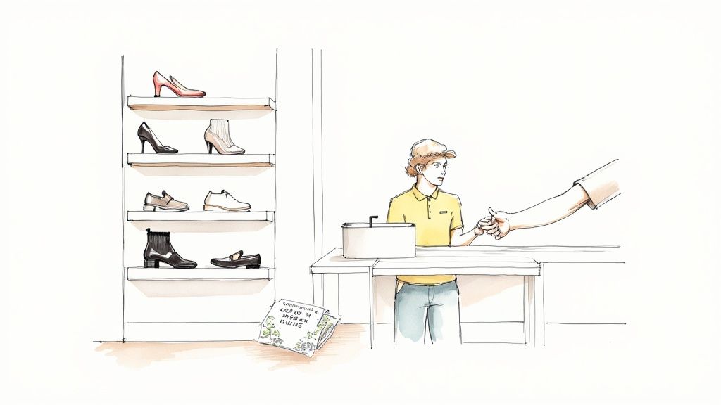 Customer selling shoes for cash at retail store counter with employee processing transaction