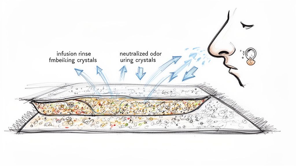 Diagram showing a rug with layers of infusion rinse and odor neutralizing crystals, being smelled.
