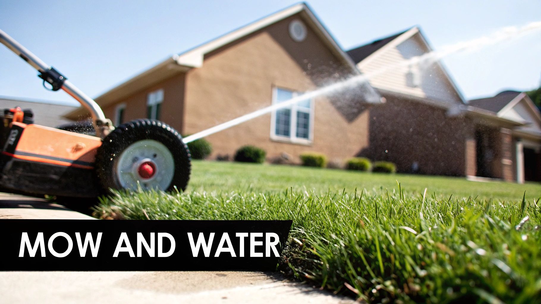 A lawnmower on lush green grass with water spraying over a house, emphasizing mow and water.