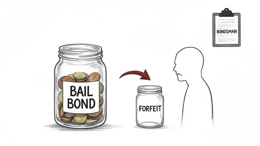 Diagram illustrating a bail bond being forfeited to a bondsman if court is missed.