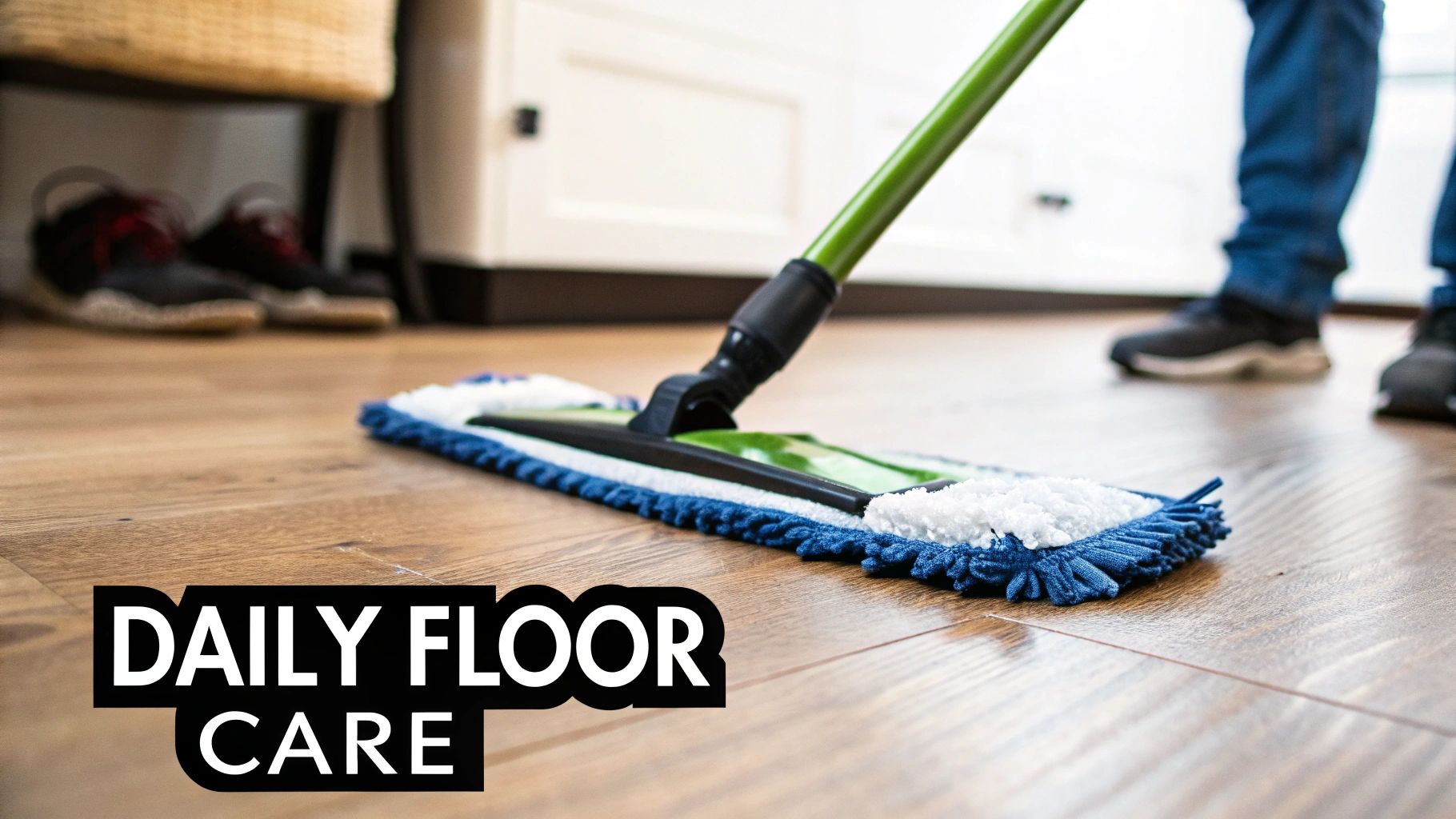 A person mops a wooden floor with a green and blue dust mop, focusing on daily floor care.