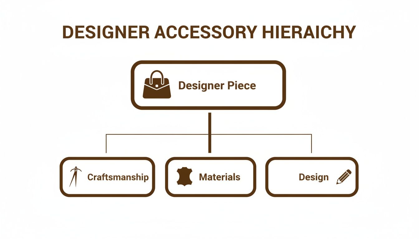 A hierarchy chart showing that a designer accessory is composed of craftsmanship, materials, and design.