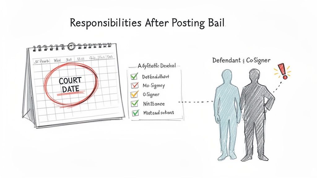 Illustration showing responsibilities after posting bail, with a court date calendar and defendant and co-signer.