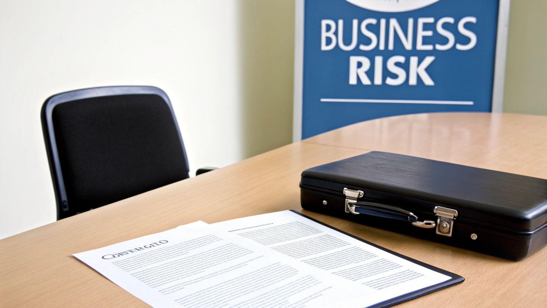 An empty office table with documents, a briefcase, and a 'BUSINESS RISK' sign in the background.