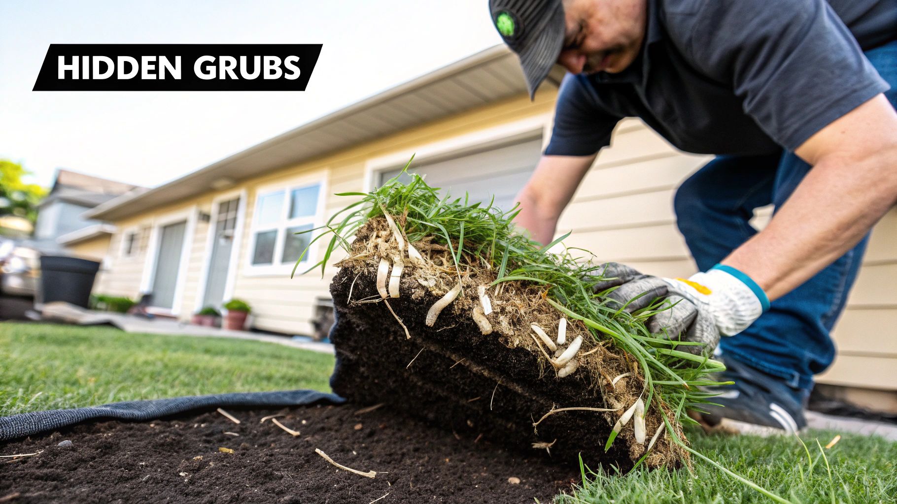 White grubs in soil, a common cause of brown spots in grass.