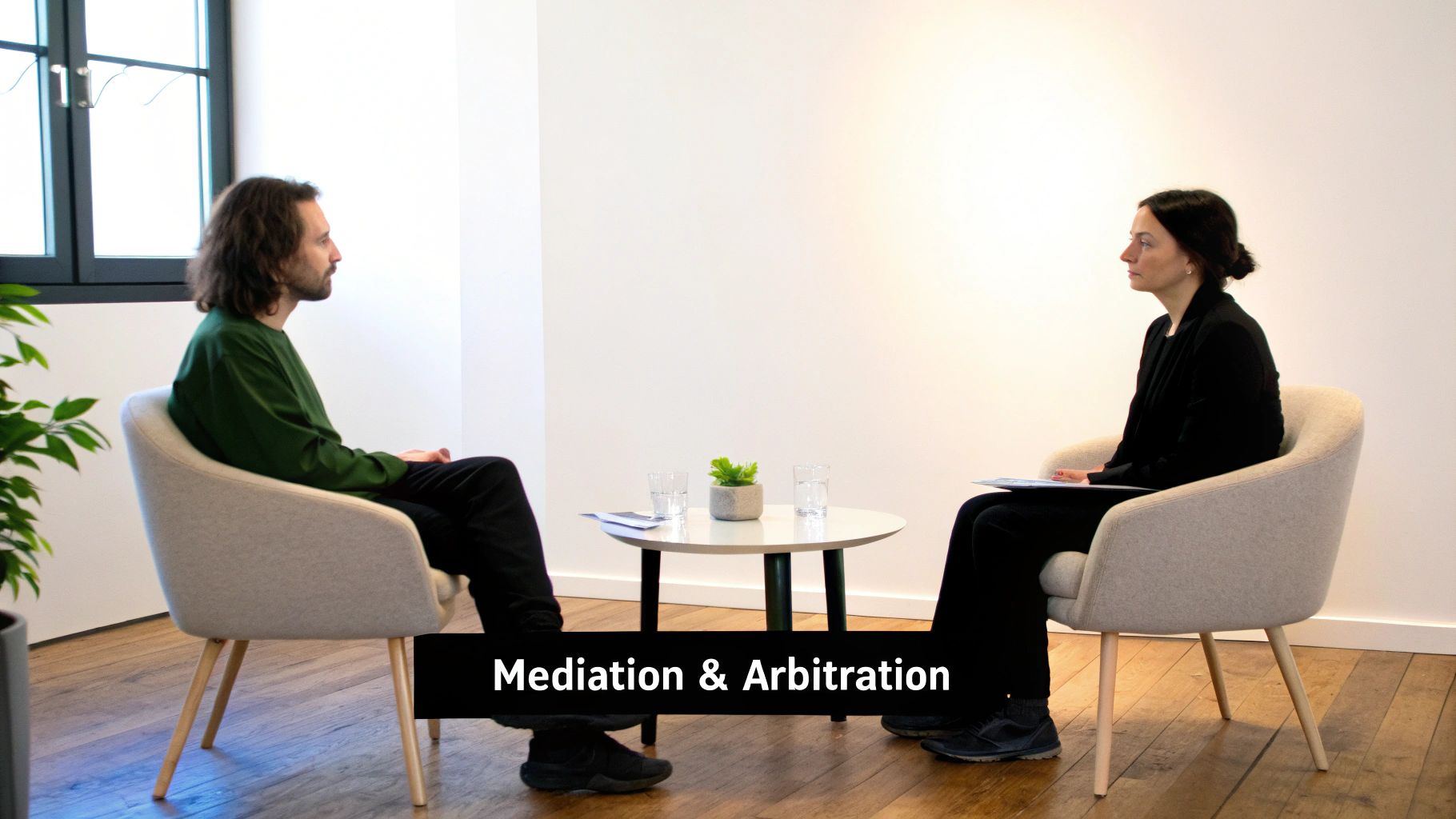 Two individuals engaged in a mediation or arbitration discussion, seated opposite each other with a table between them.