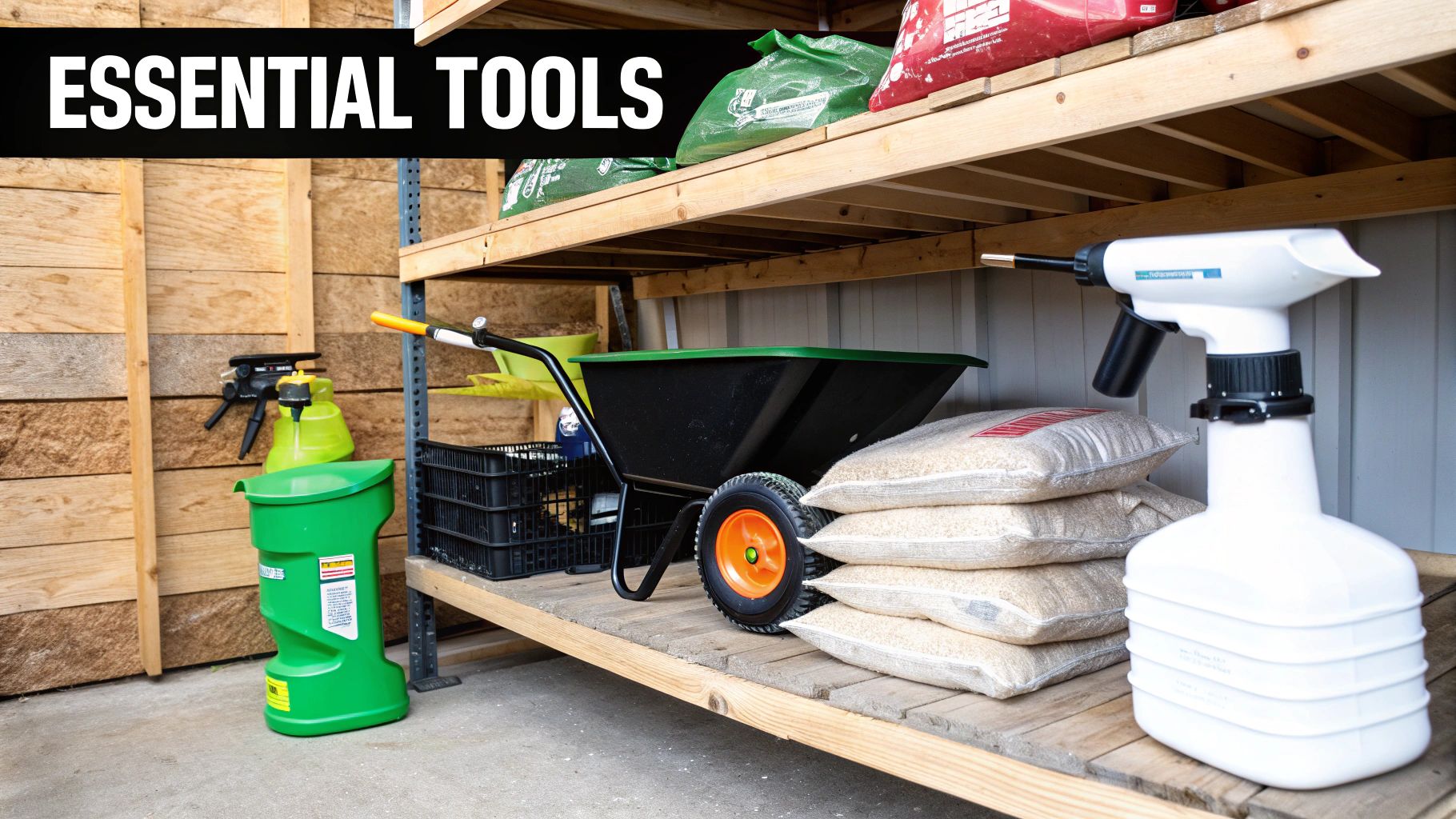 A neatly organized shed with various lawn care tools and products.