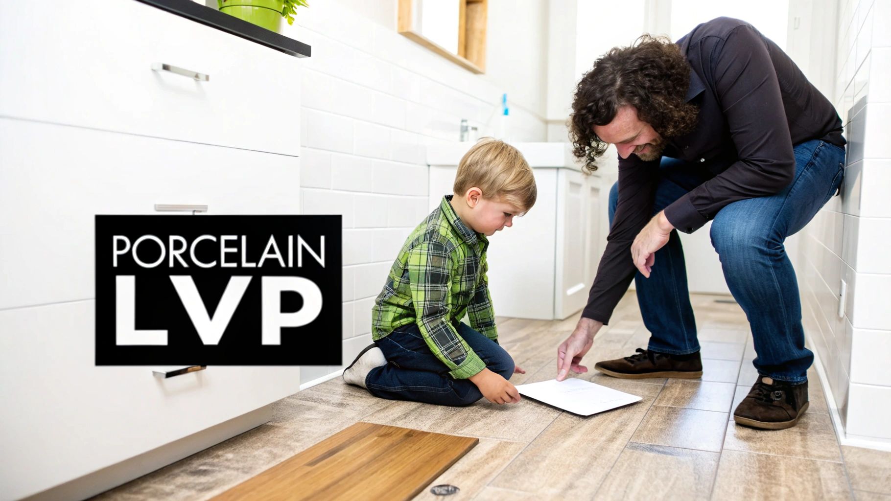 A man and a young boy inspect flooring samples on the floor of a modern bathroom.