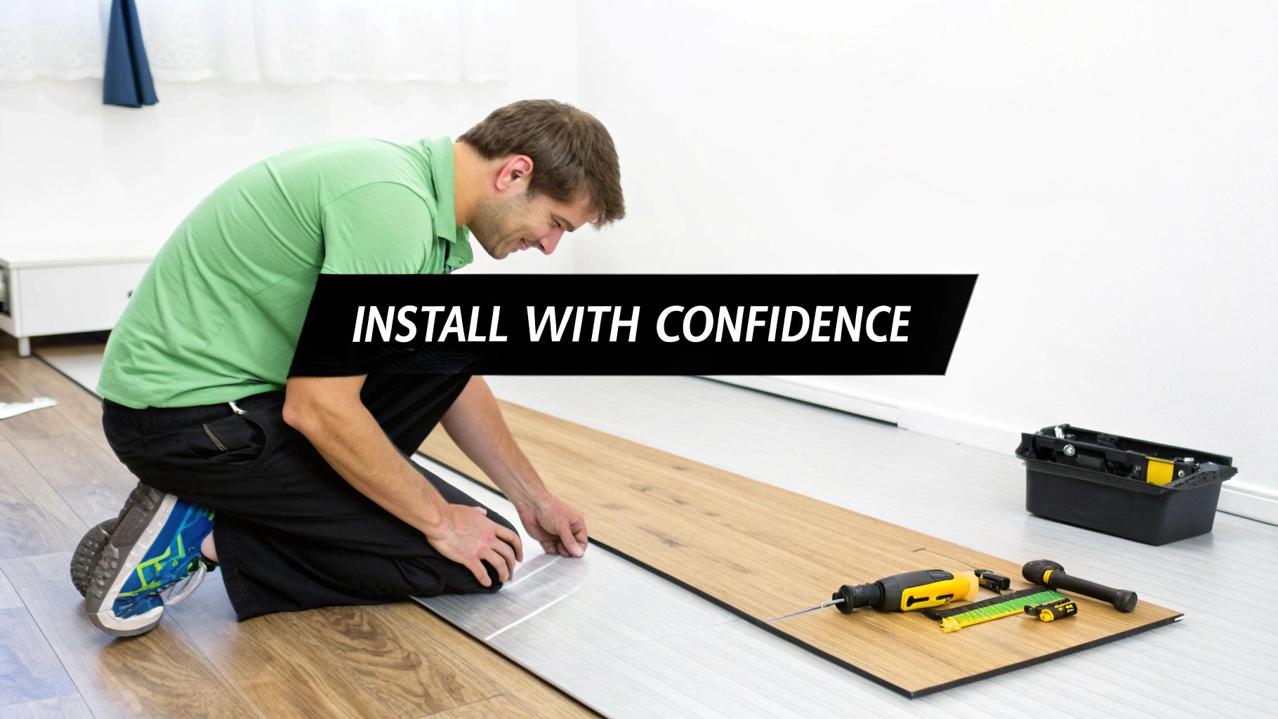 A man kneels on the floor, installing laminate flooring planks with various tools for a home improvement project.
