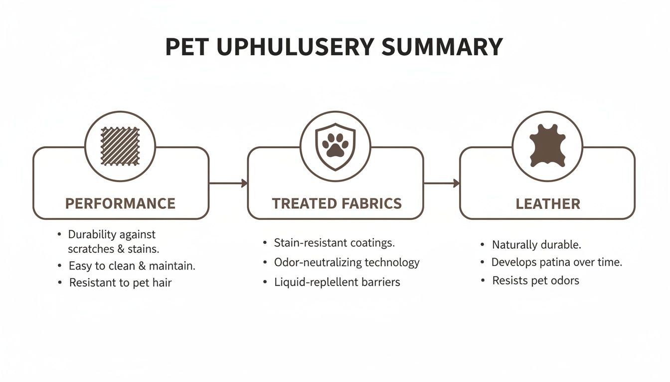 Flowchart summarizing pet upholstery options: performance fabrics, treated fabrics, and leather benefits.