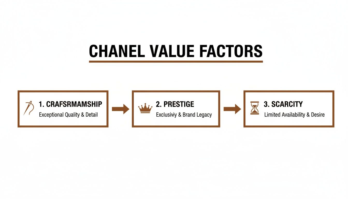 A diagram outlining Chanel's core value factors: craftsmanship, prestige, and scarcity.