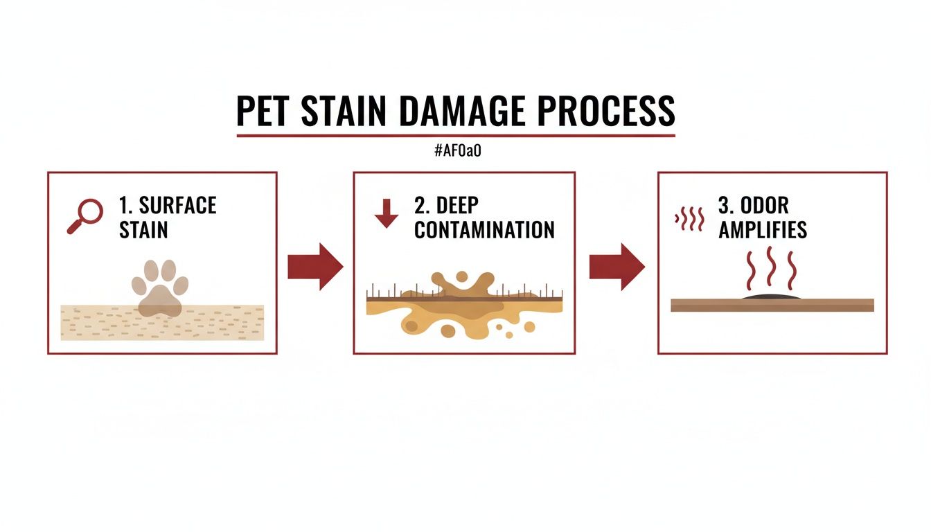 Infographic illustrating the three-step pet stain damage process: surface stain, deep contamination, and amplifying odor.