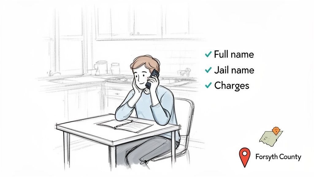 A man on the phone discusses legal details, checking full name, jail name, and charges for Forsyth County.