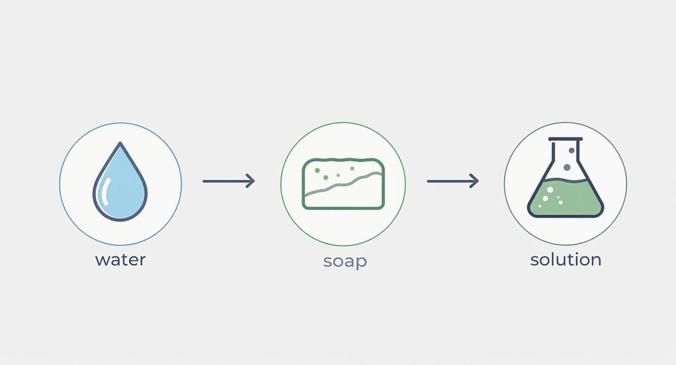 A diagram illustrates how water and soap combine to create a solution in a flask.