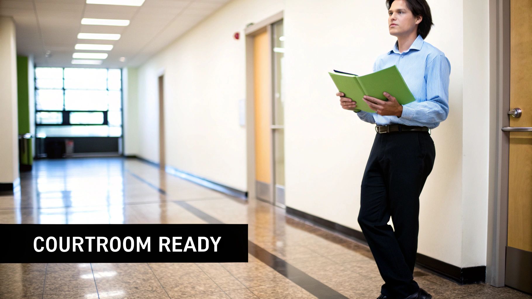 A man in a striped blue shirt and black pants stands in a bright hallway, holding a green folder, looking thoughtful. Text overlay: COURTROOM READY.