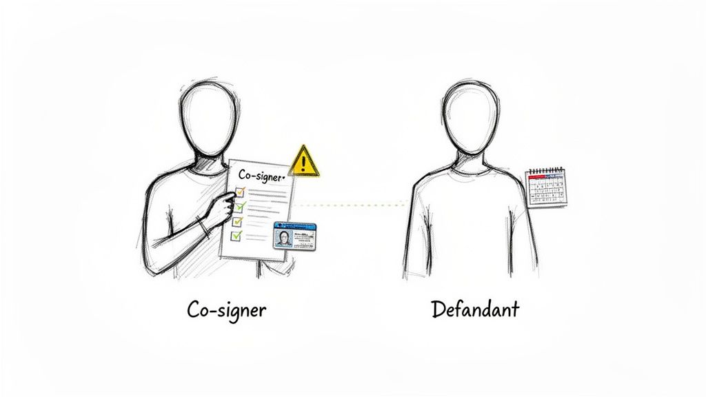 Illustration of a co-signer with documents and a defendant with a calendar, connected by a dotted line, representing legal responsibility.