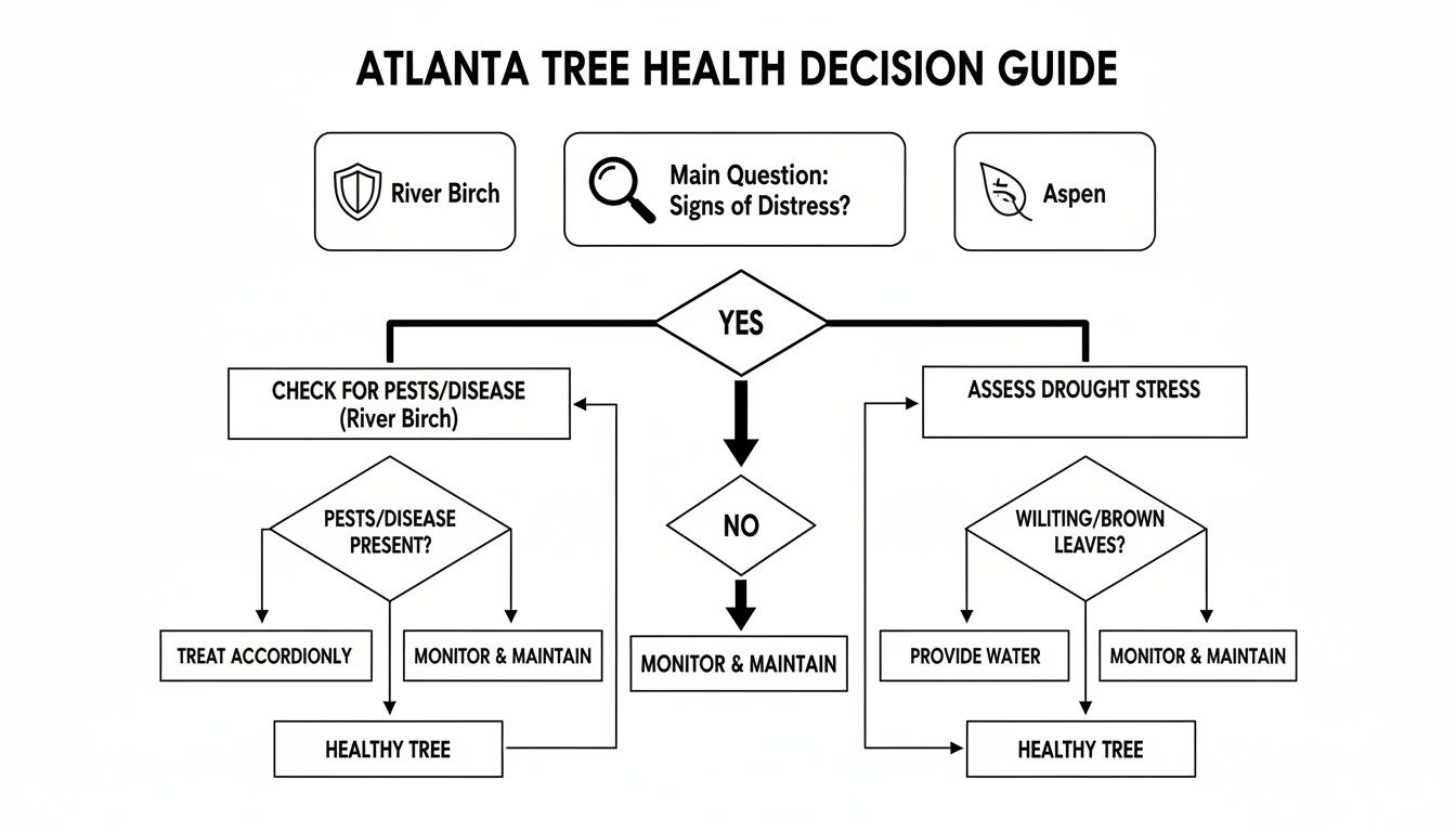 Flowchart for Atlanta tree health, guiding decisions for River Birch and Aspen based on distress signs and issues.