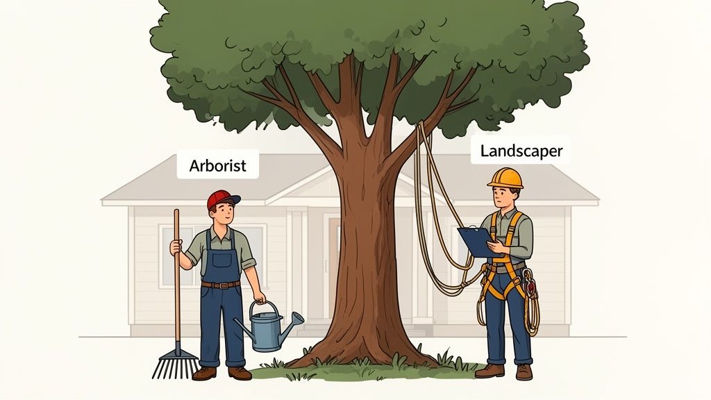 Two men, an arborist with safety gear and a landscaper with gardening tools, stand by a large tree in front of a house.