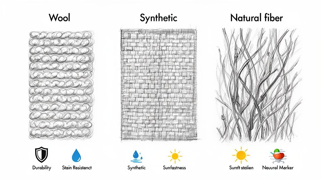 Illustrations compare wool, synthetic, and natural rug fibers showing properties like durability, stain resistance, and sunfastness.