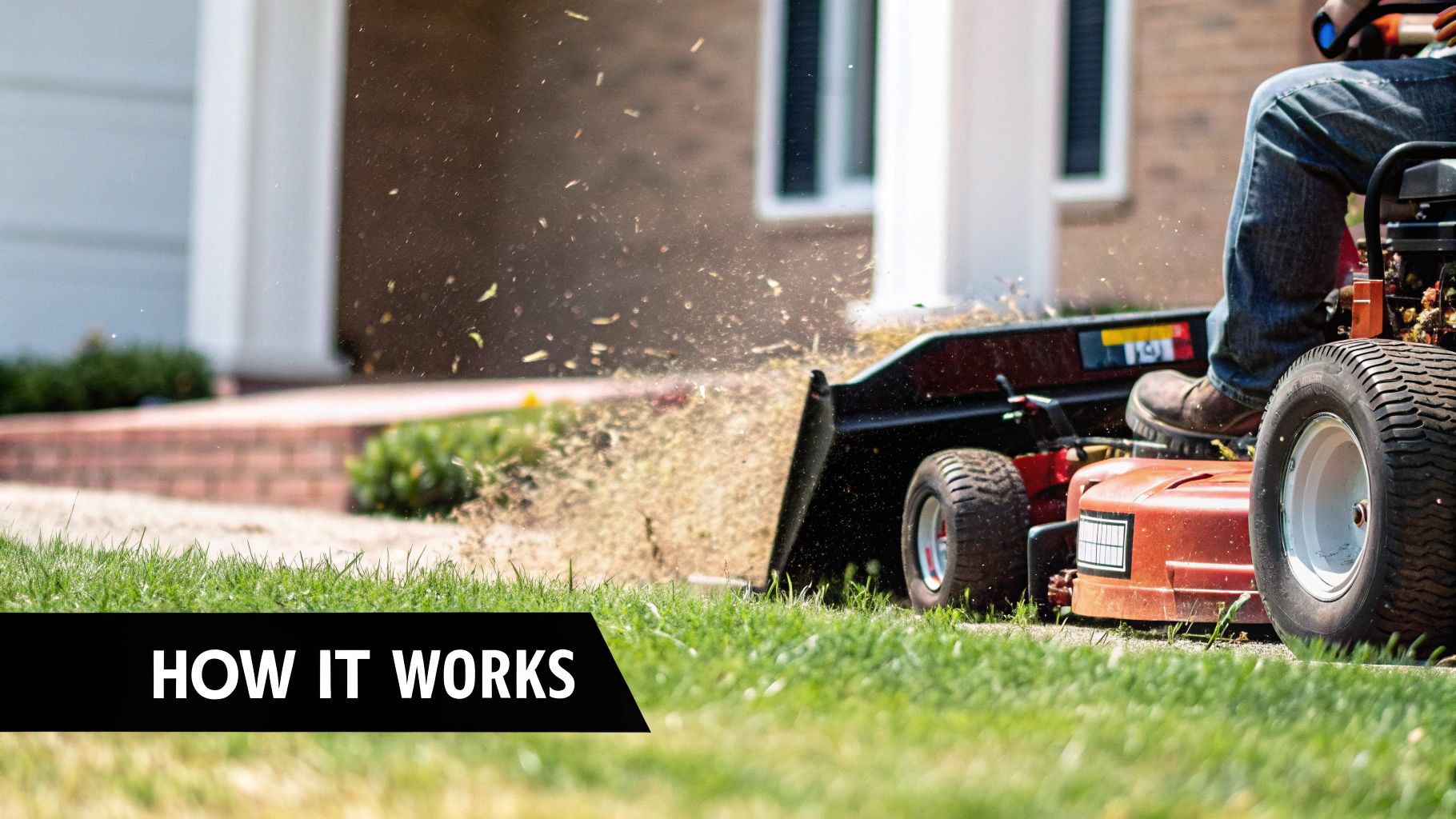 A close-up shot of a lawn mower blade cutting through lush green grass, with clippings flying out.