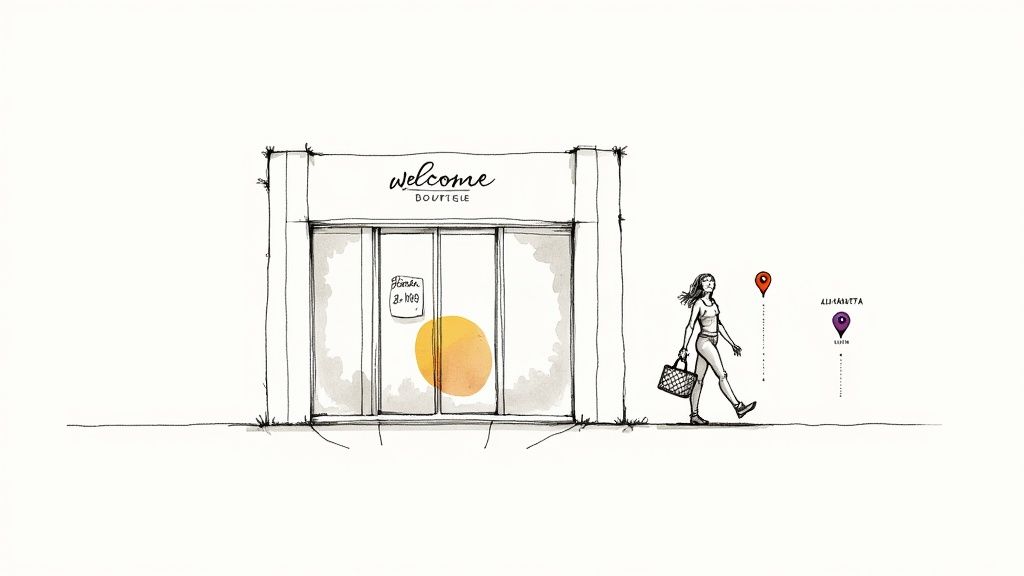 A minimalist sketch of a 'Welcome Boutique' store with a woman walking by, holding a basket, and two location pins.
