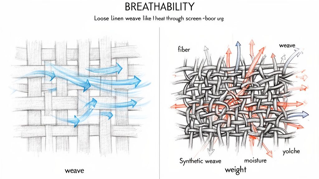 Diagram comparing a loose linen weave with good airflow to a synthetic weave trapping moisture and heat.