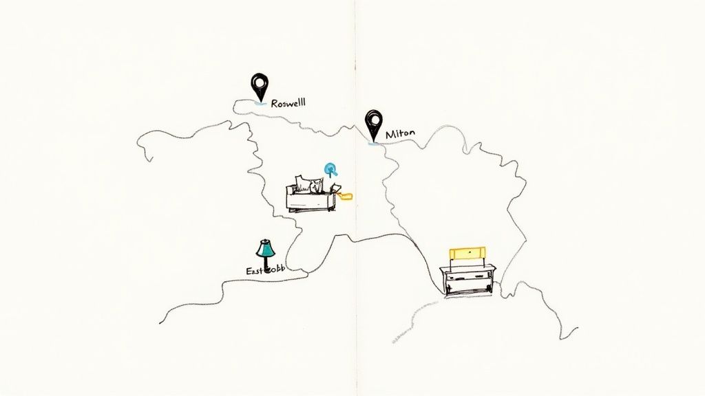 Hand-drawn map depicting furniture locations in Roswell, Milton, and East Cobb areas.
