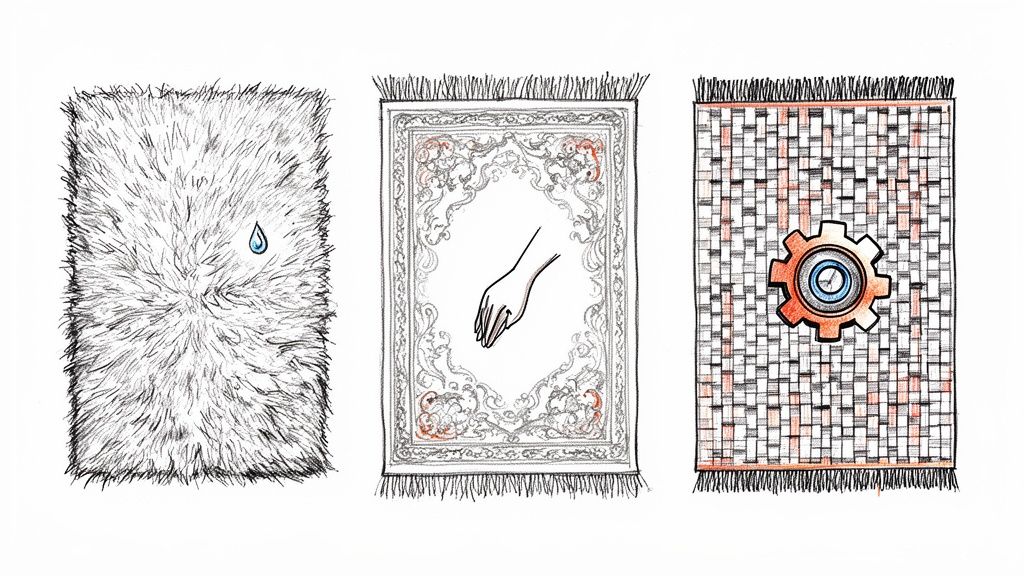 Three illustrated rugs: a shaggy white rug with a blue water drop, an ornate rug with a hand, and a woven rug with a gear.