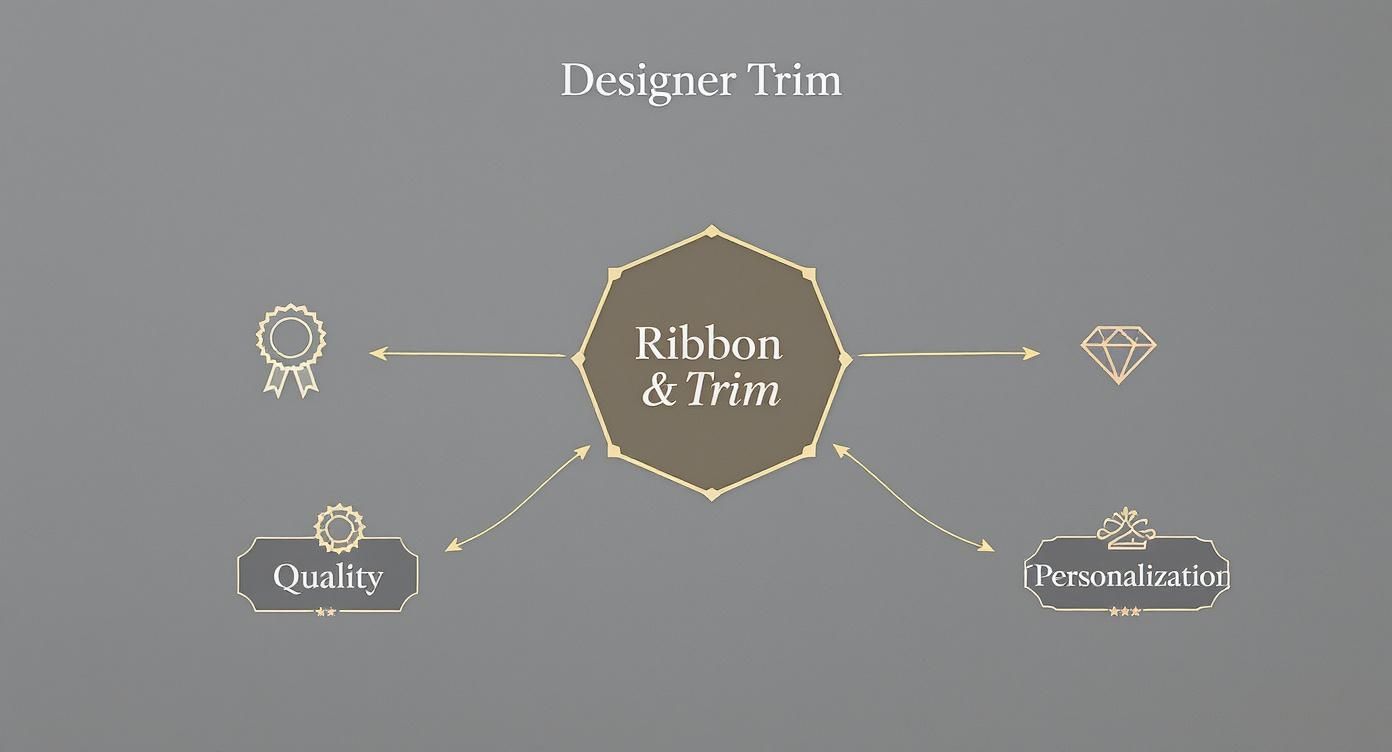 A conceptual diagram showing 'Ribbon & Trim' connected to 'Designer Trim', 'Quality', 'Personalization', an award, and a diamond.