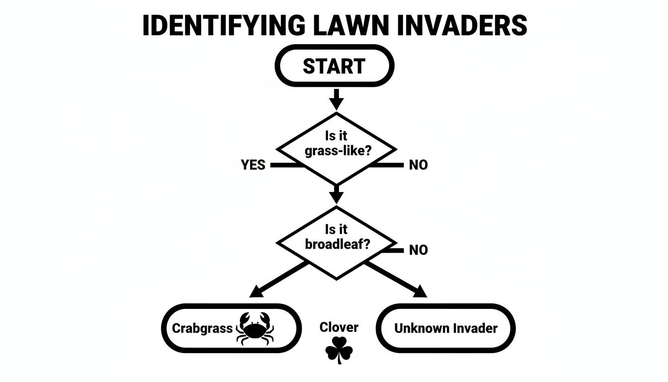 A flowchart diagram for identifying common lawn invaders, distinguishing between grass-like, broadleaf, and unknown plants.