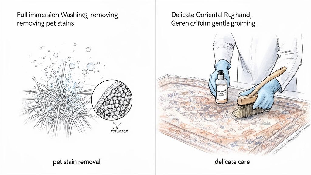 Two illustrations depicting rug cleaning methods: deep cleaning for pet stains and delicate hand-washing for oriental rugs.