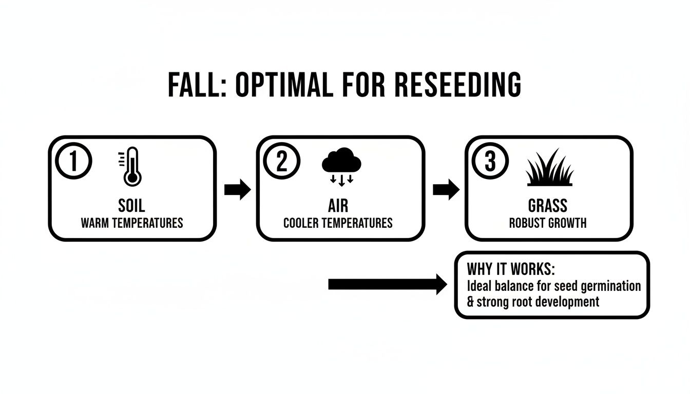 Flowchart illustrating optimal fall reseeding conditions: warm soil, cool air, robust grass growth.