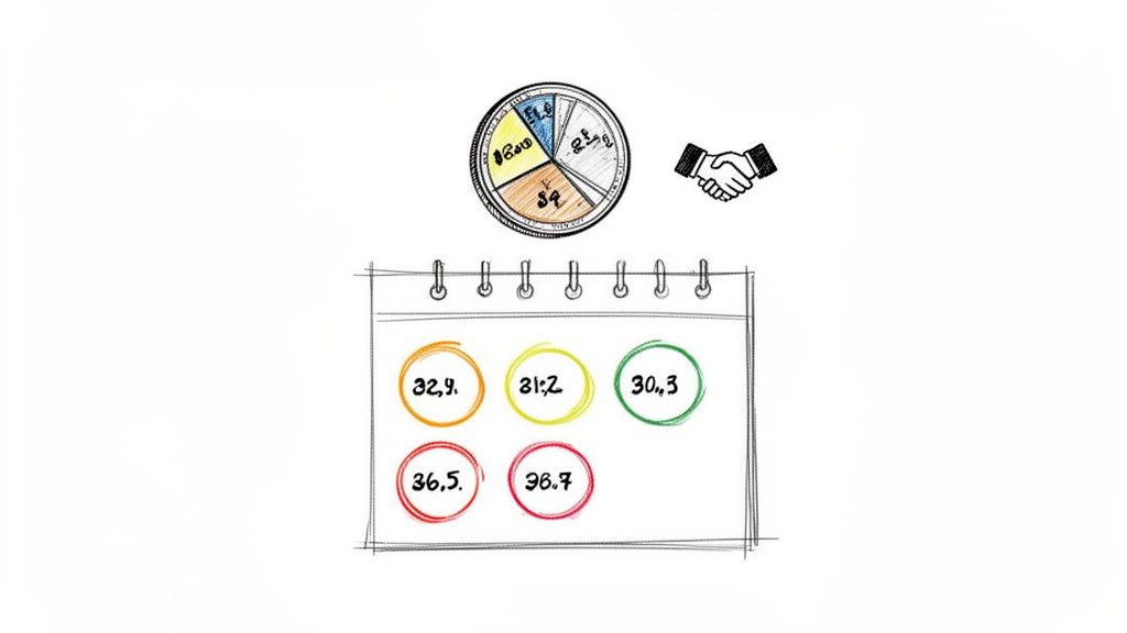 Hand-drawn illustration of business data: a pie chart, handshake, and calendar with financial figures.