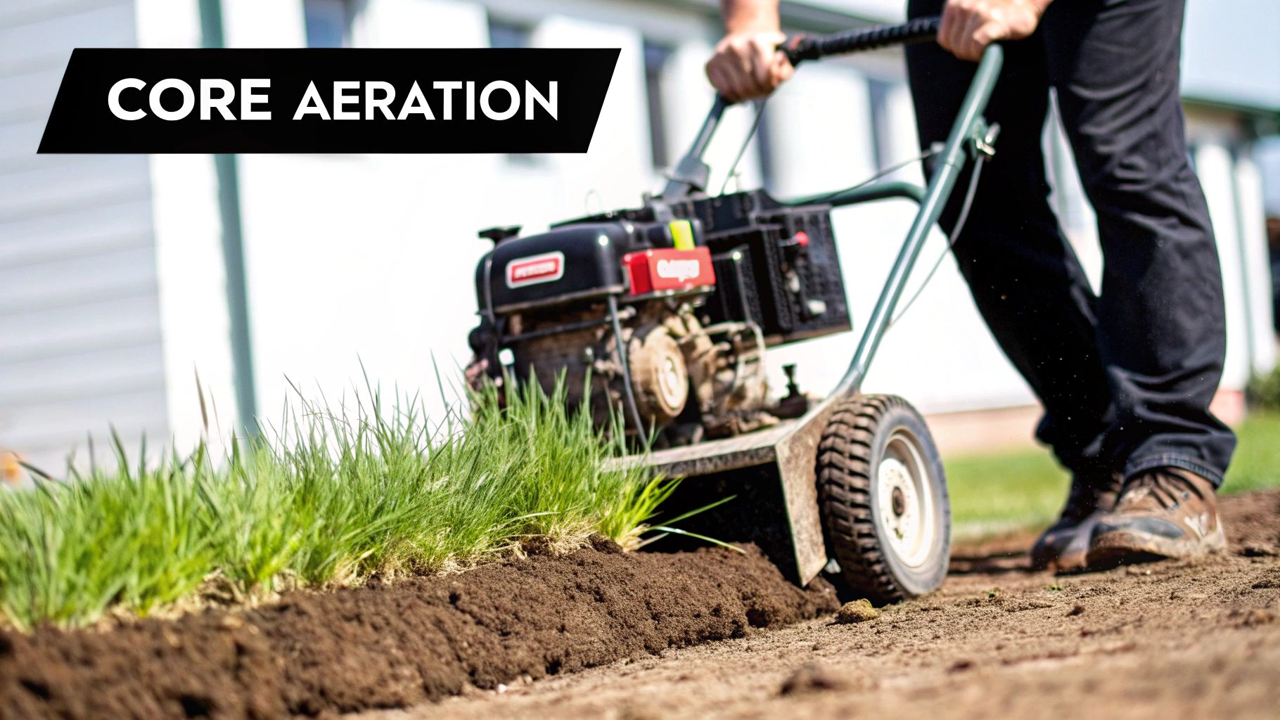 Close-up of a core aerator pulling plugs of dense Georgia clay soil from a lawn.