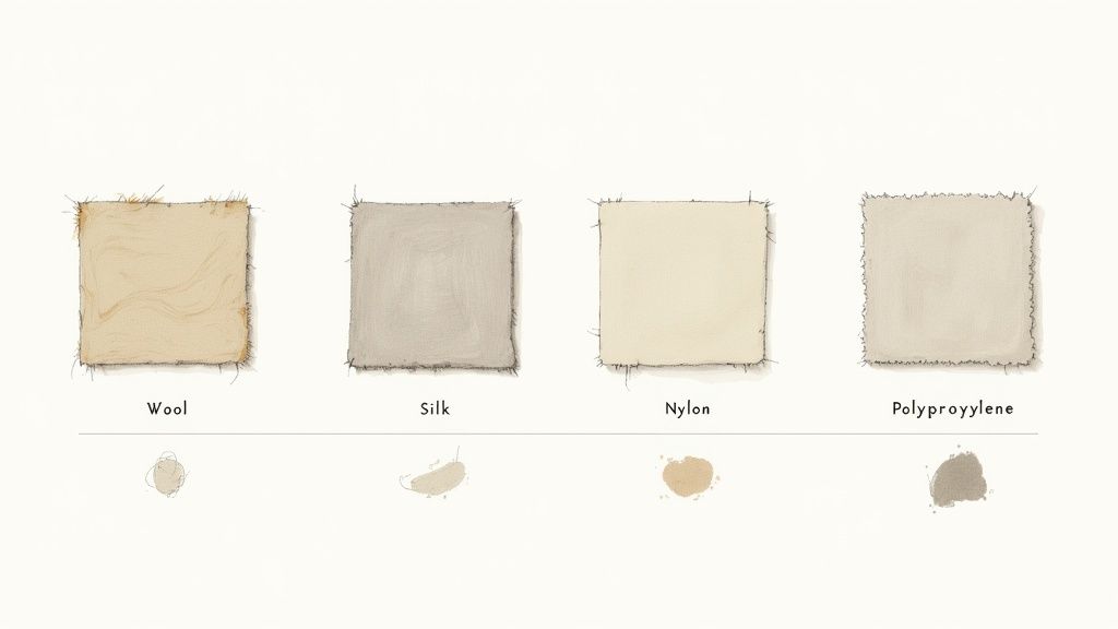 Comparison of wool, silk, nylon, and polypropylene fabric samples with their distinct burn residues.