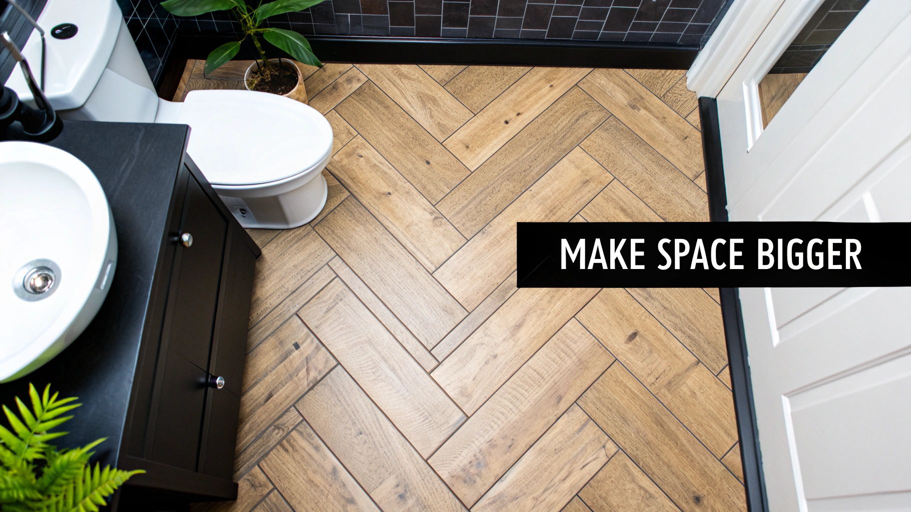 Modern bathroom with light grey luxury vinyl tile flooring and a clean, minimalist design.