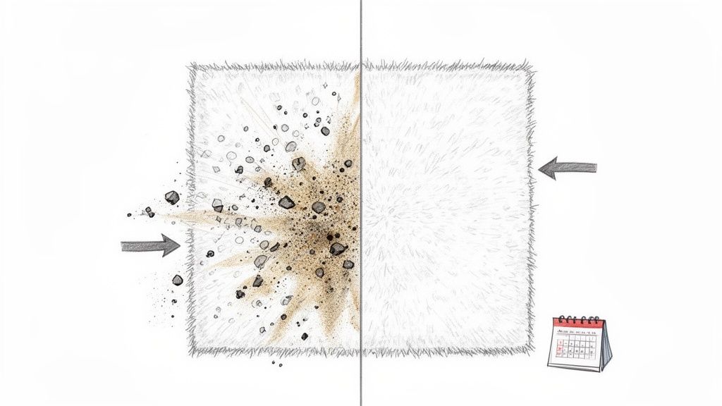 Illustration depicting a rug, with one side showing dirt and debris accumulating and the other side clean, beside a calendar.