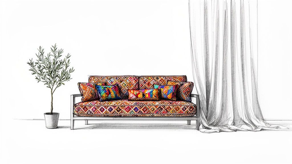 Hand-drawn illustration of a vibrant, patterned sofa with colorful cushions, a potted plant, and light curtains.