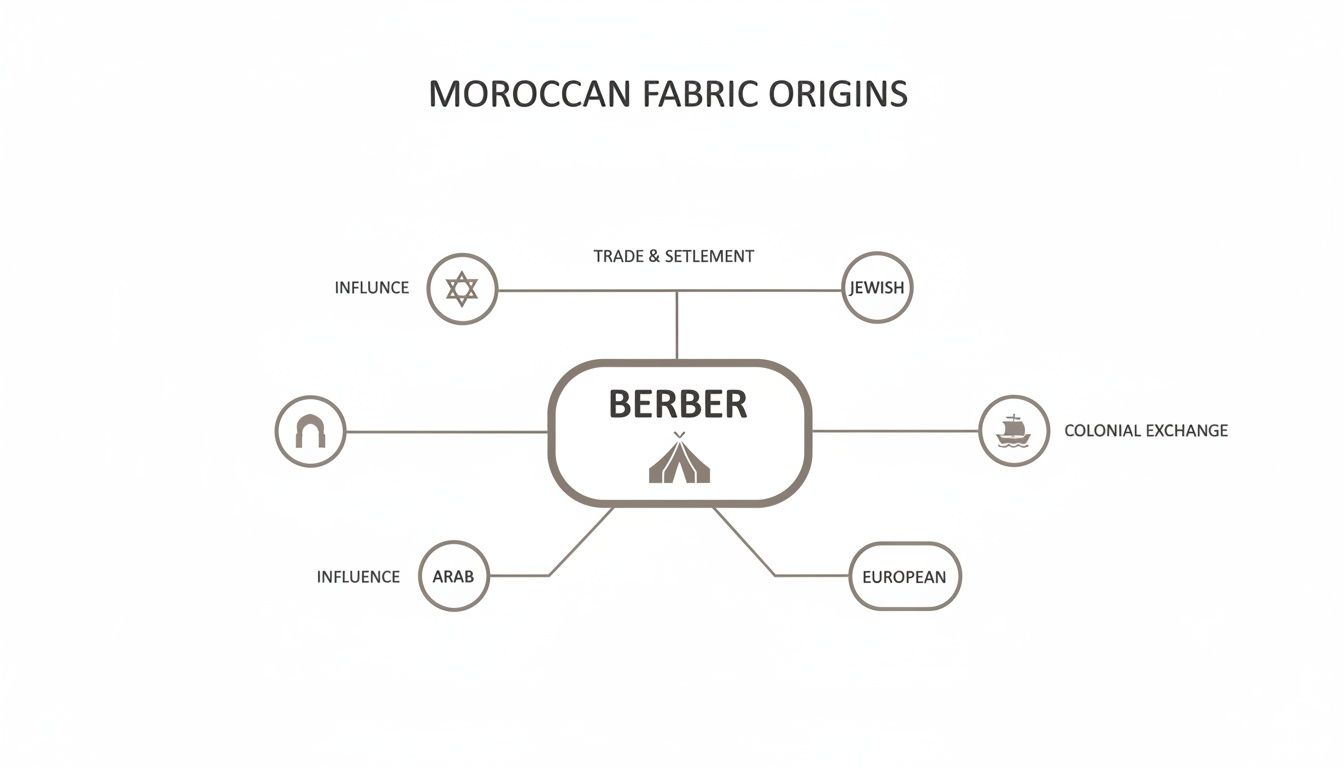 Diagram showing Moroccan fabric origins, with Berber at the center, influenced by Jewish, Arab, and European cultures.