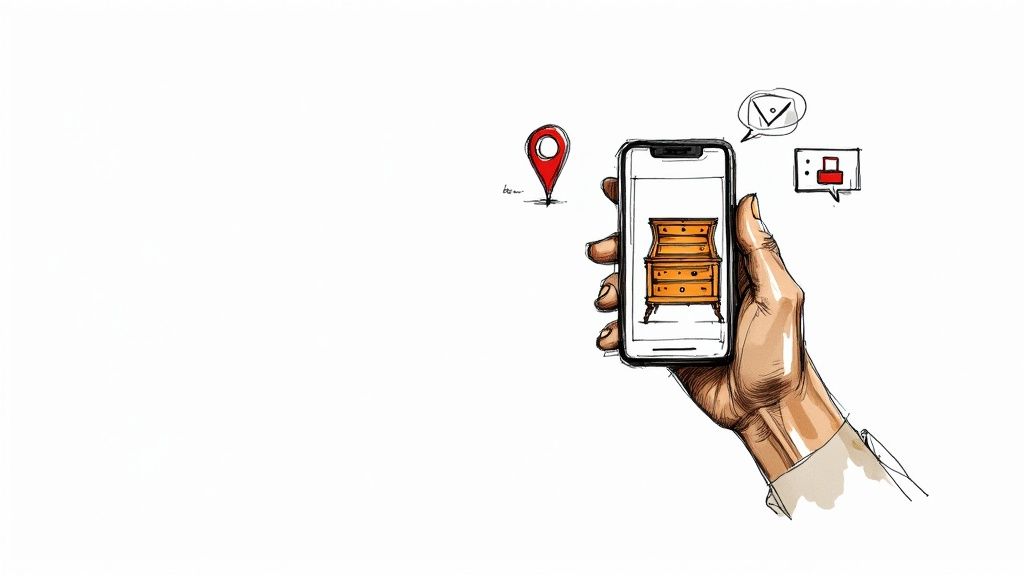 A hand holds a smartphone displaying an antique dresser, with location, message, and lock icons around.