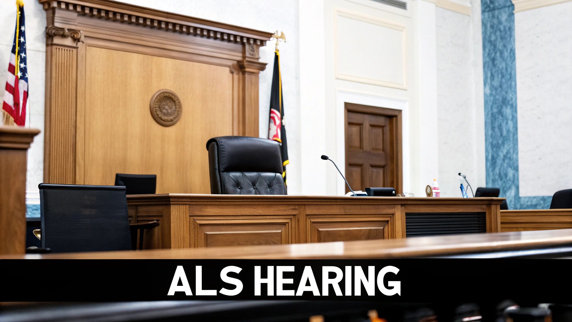 A gavel resting on a law book inside a courtroom, signifying a hearing.