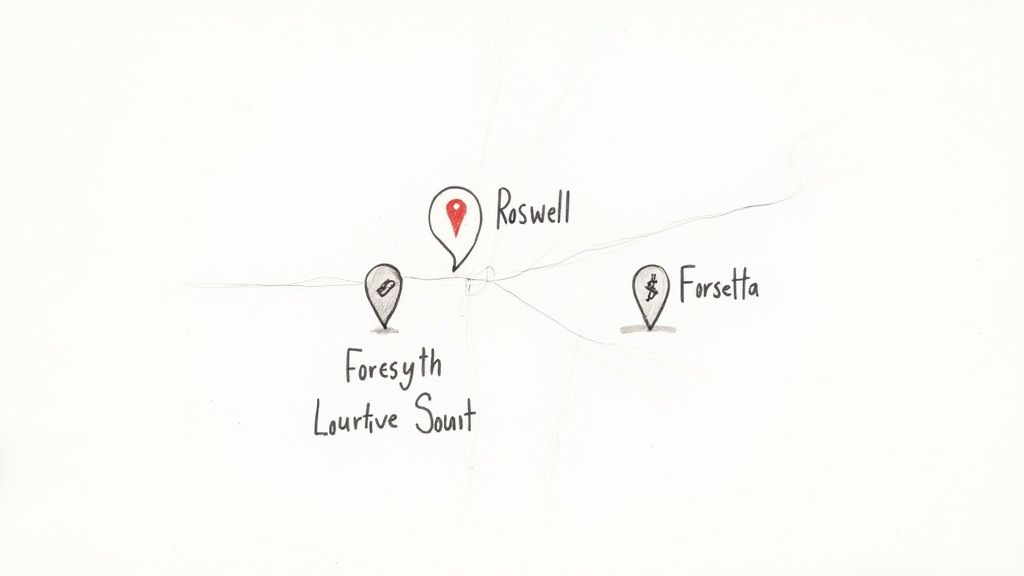 A hand-drawn map illustration featuring three locations: Roswell, Foresyth Lourfive Souit, and Forsetta with distinct markers.